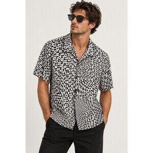 Ksubi Check Out Resort Shirt Mens XL Black Optical Plus Graphic Short Sleeve